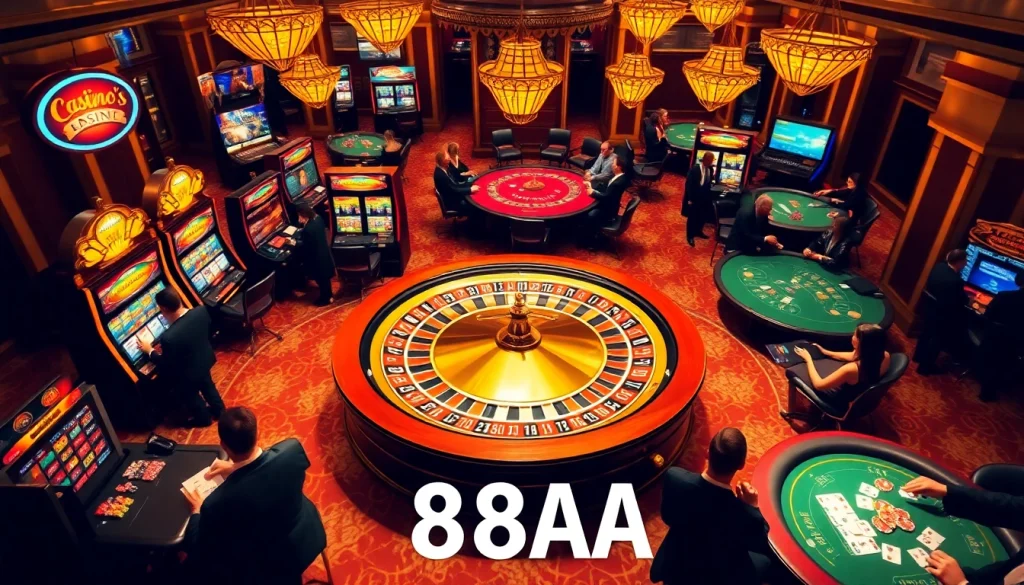 Exciting gambling scene featuring players around the roulette wheel in a vibrant casino; 88AA symbolizing thrilling betting moments.