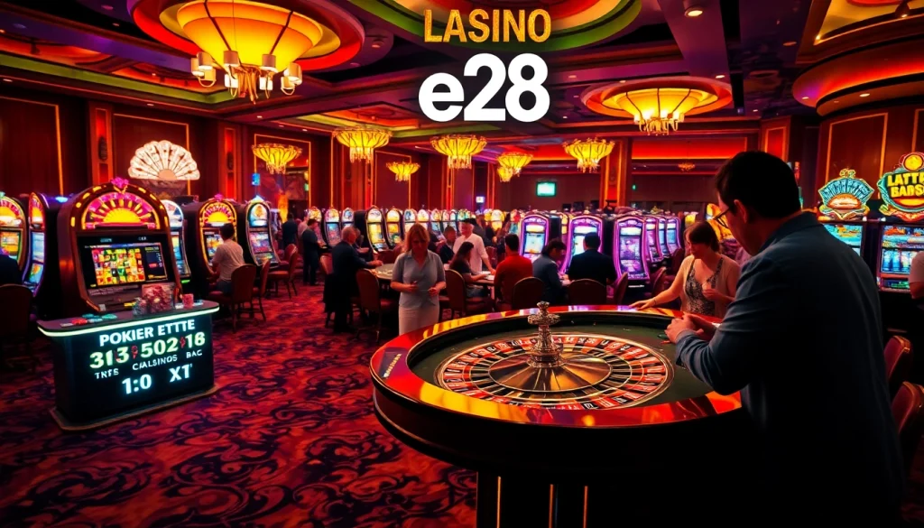 Players engaging at the roulette table in an e28-themed casino, surrounded by vibrant slot machines and poker chips.
