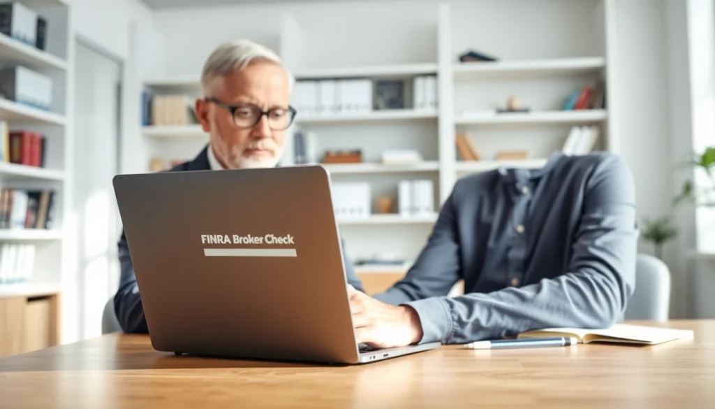 Check FINRA Broker Check details through a professional advisor's laptop in a bright office.