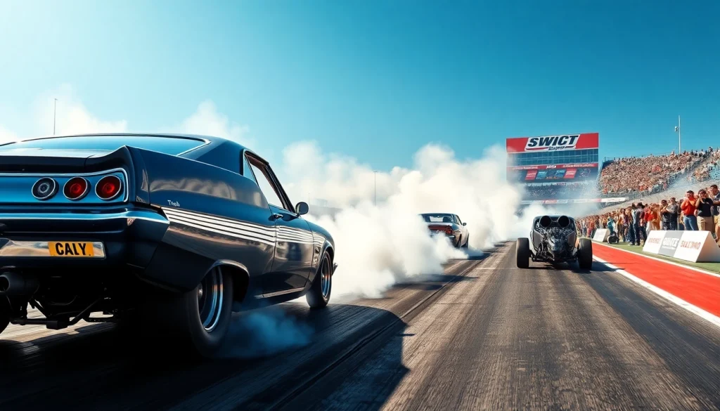 Experience thrilling Drag Racing Events as powerful cars compete for victory on a vibrant track.