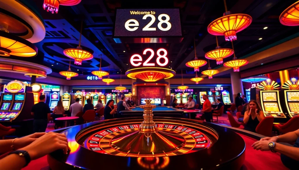 Experience thrilling gameplay at e28 Casino with vibrant tables and bustling slot machines.