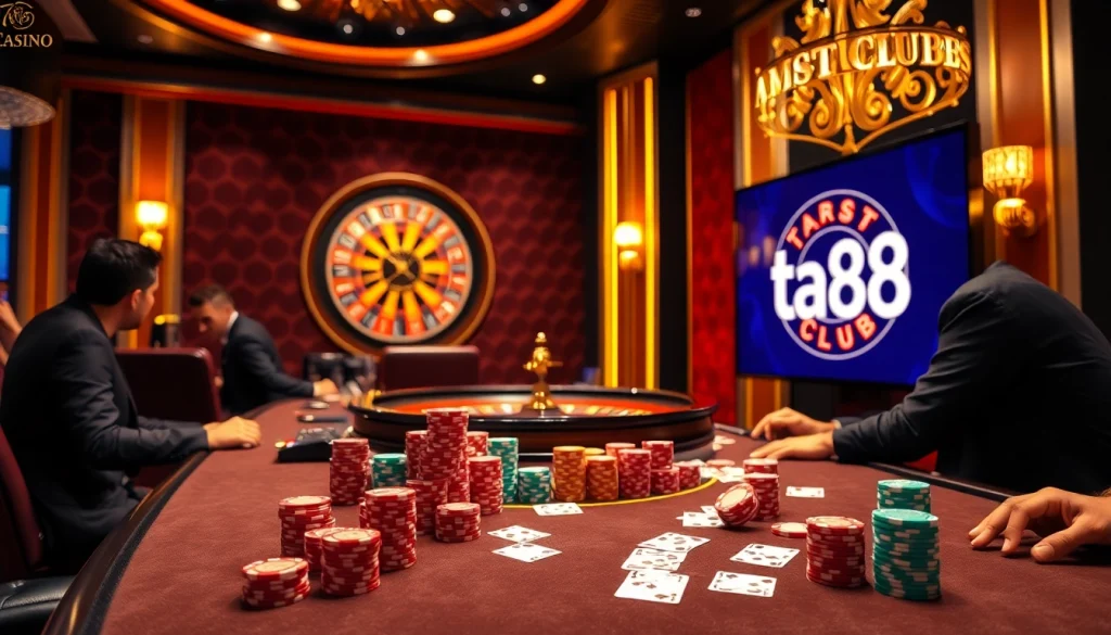 Experience the exciting gameplay at ta88 club with vibrant poker tables and spinning roulette.