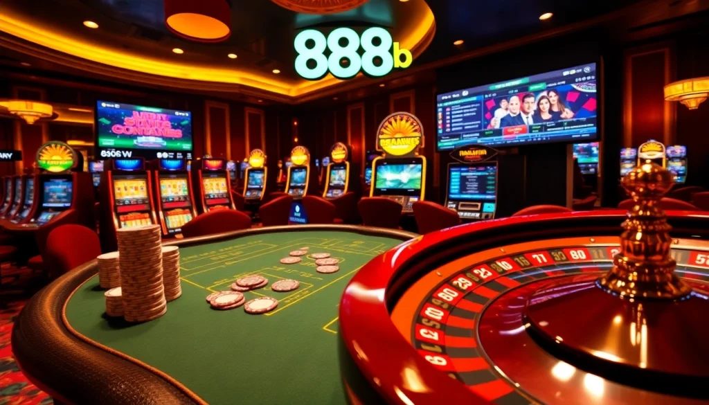 Engage with the vibrant casino scene featuring elements of nhà cái 888b, such as poker tables and slot machines.