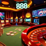 Engage with the vibrant casino scene featuring elements of nhà cái 888b, such as poker tables and slot machines.