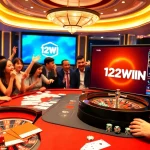 Exciting gaming atmosphere at nhà cái 123WIN with players engaging around a roulette table and poker game.